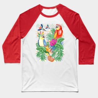 Macaws Parrots Exotic Birds on Tropical Flowers and Leaves Baseball T-Shirt